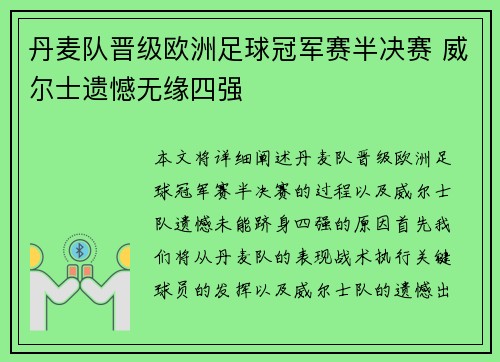 丹麦队晋级欧洲足球冠军赛半决赛 威尔士遗憾无缘四强