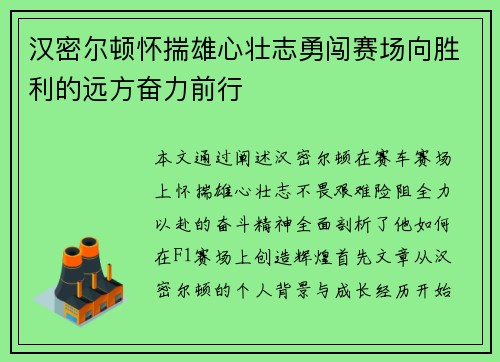 汉密尔顿怀揣雄心壮志勇闯赛场向胜利的远方奋力前行