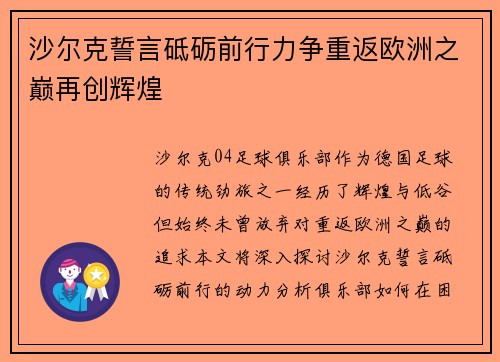 沙尔克誓言砥砺前行力争重返欧洲之巅再创辉煌