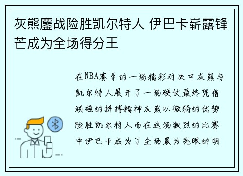 灰熊鏖战险胜凯尔特人 伊巴卡崭露锋芒成为全场得分王