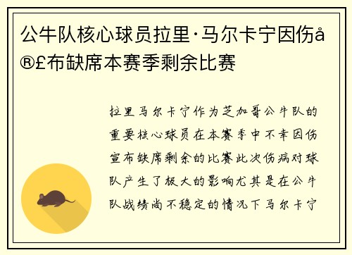 公牛队核心球员拉里·马尔卡宁因伤宣布缺席本赛季剩余比赛