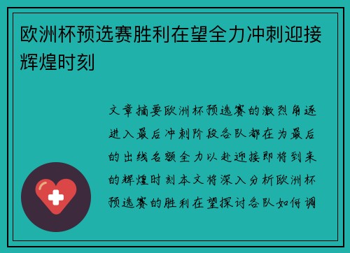 欧洲杯预选赛胜利在望全力冲刺迎接辉煌时刻