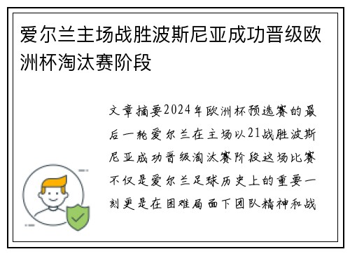 爱尔兰主场战胜波斯尼亚成功晋级欧洲杯淘汰赛阶段